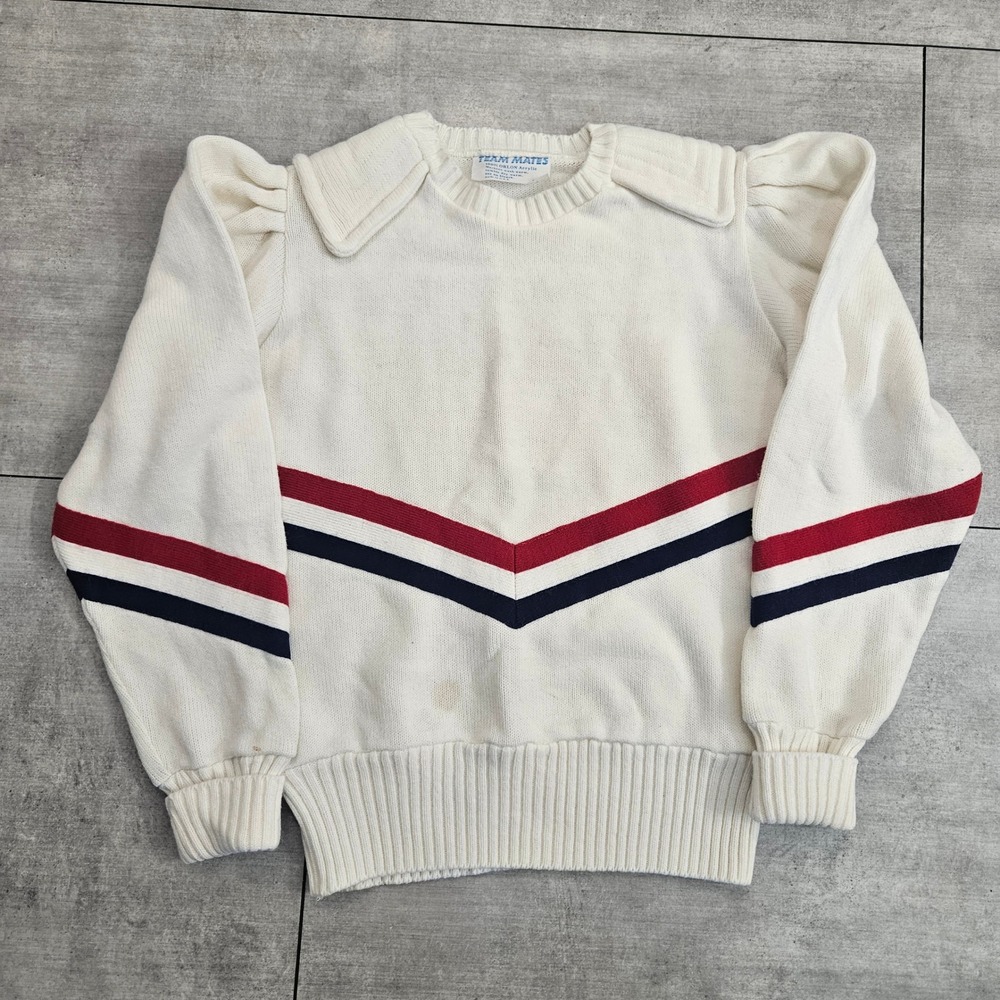 Vintage Team Mates Cheer Cream Chevron Puff Shoulder Knit Sweater Sz‎ 38